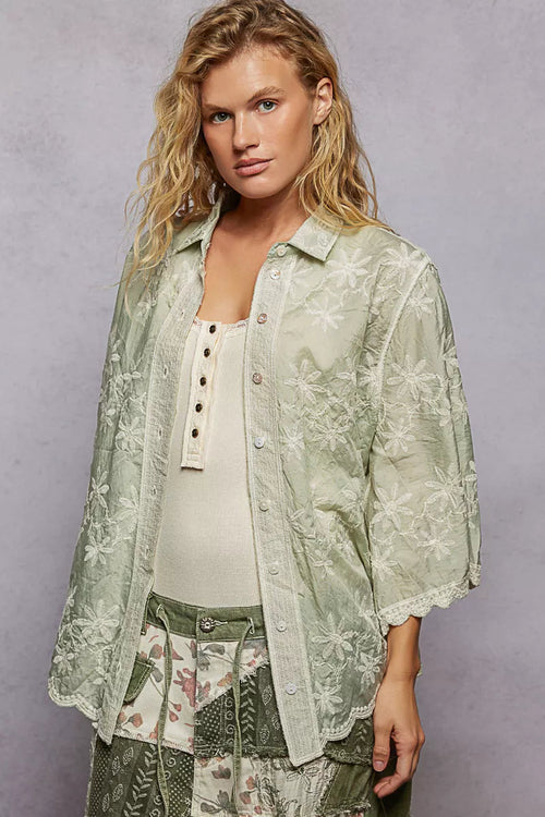 POL Embroidered Floral Collared Neck Shirt with Scalloped Edges