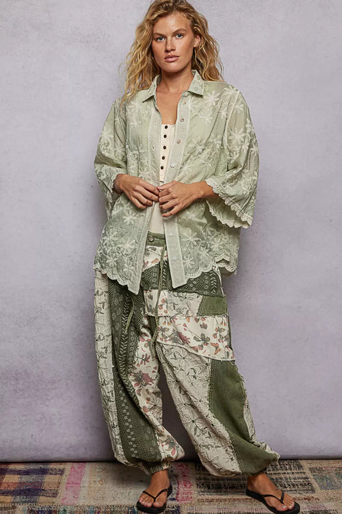 POL Embroidered Floral Collared Neck Shirt with Scalloped Edges