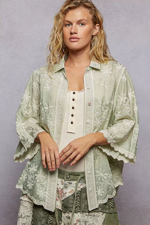 POL Embroidered Floral Collared Neck Shirt with Scalloped Edges